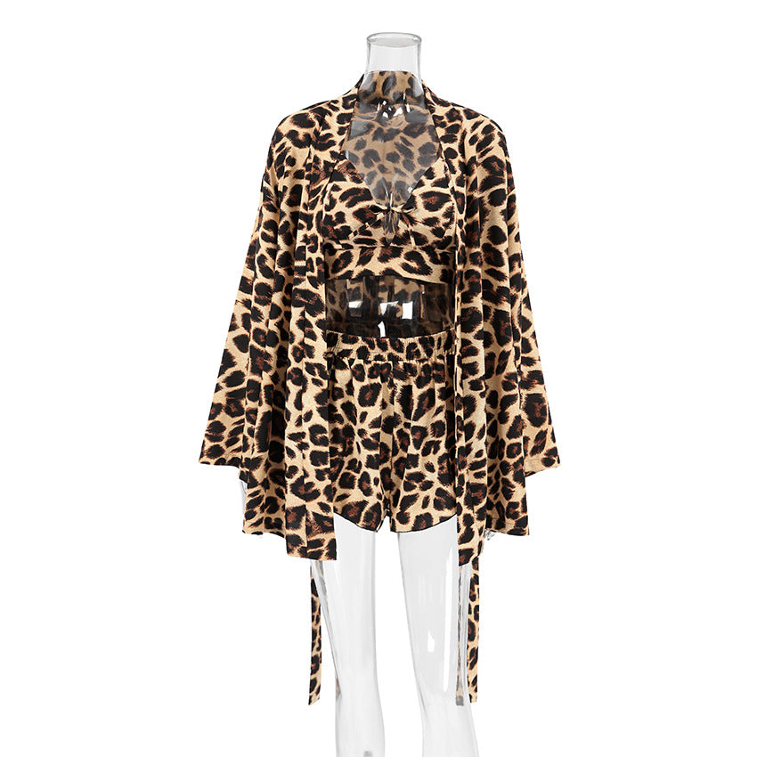 Leopard-print Camisole Cardigan And Short-sleeve Shorts Pajama Set