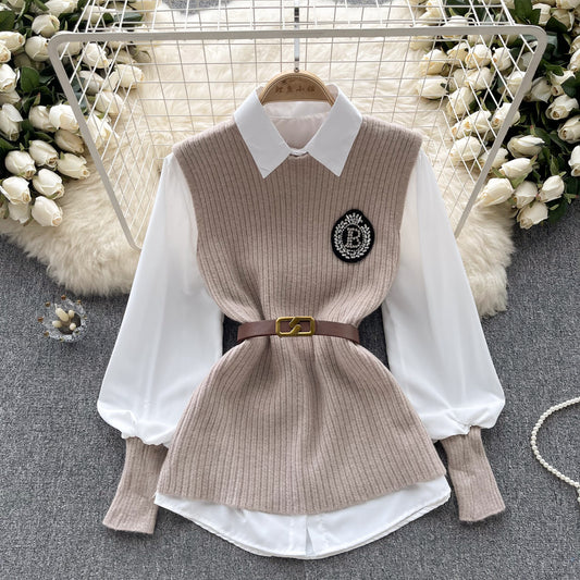 Loose Long Sleeves Shirt Knitted Vest High-grade Light Luxury Socialite Suit