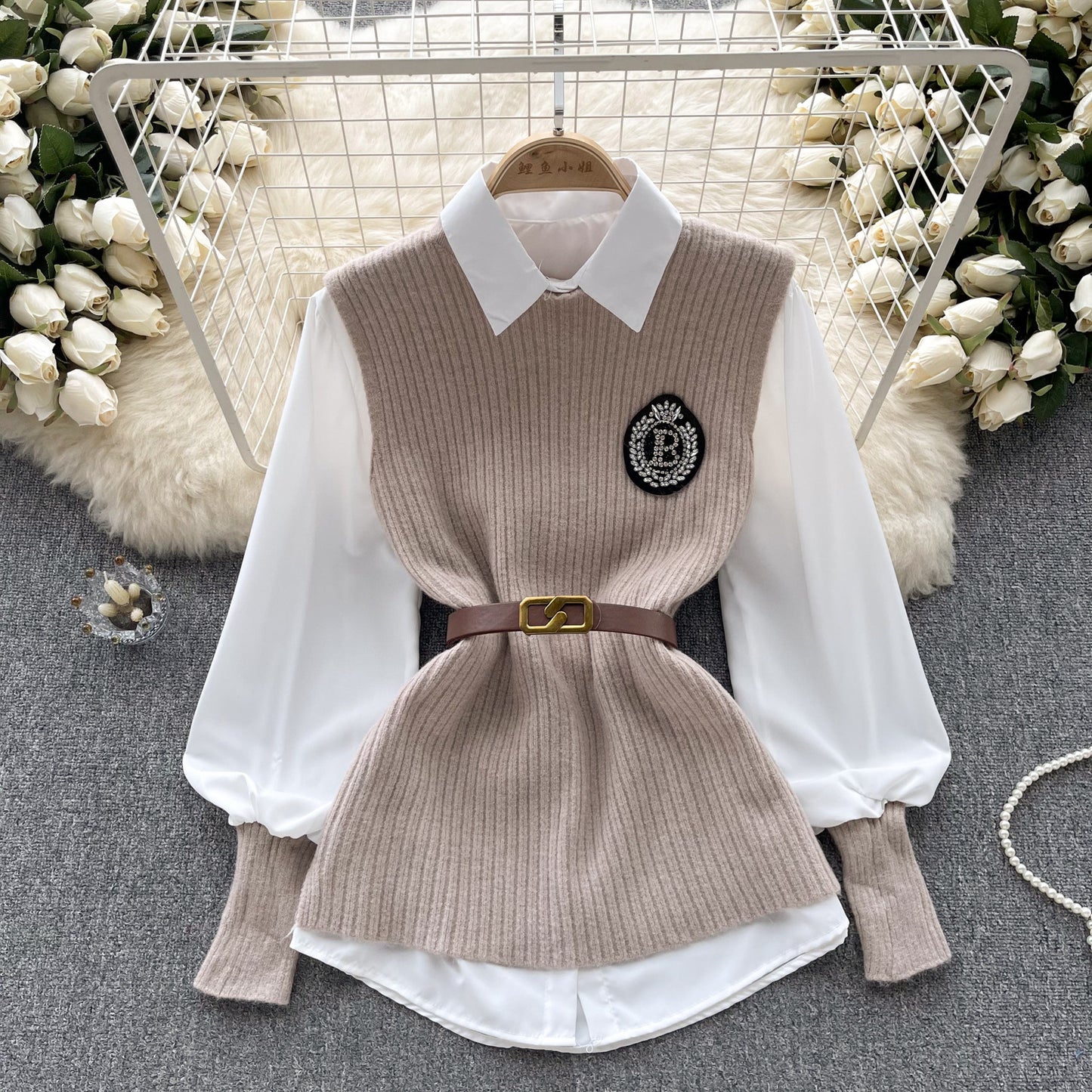 Loose Long Sleeves Shirt Knitted Vest High-grade Light Luxury Socialite Suit