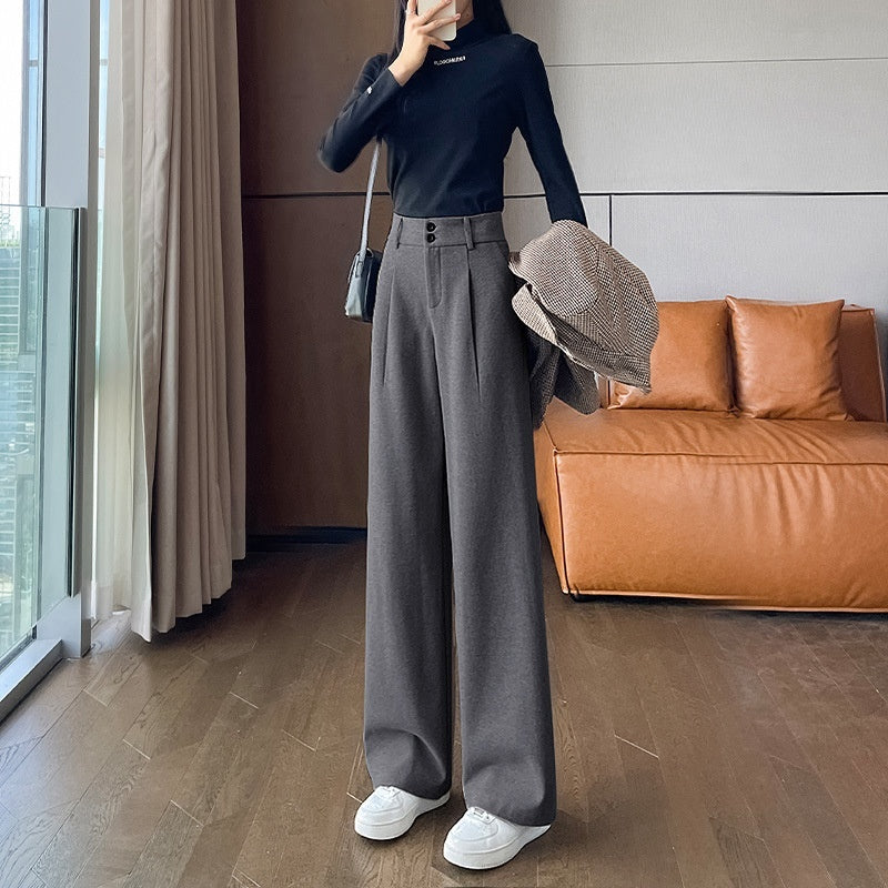Gray Woolen Wide-leg Pants Autumn And Winter High Waist Drooping Casual Straight-leg
