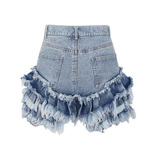 New Fashion Temperament Sexy One Buckle Fringed Ears High Waist Denim Shorts Women