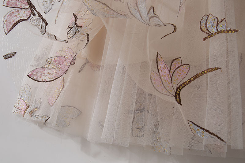 Golden Silk High Waist Sweet Slim Retro Lace Dragonfly Sequin Embroidery Mid Length Skirt