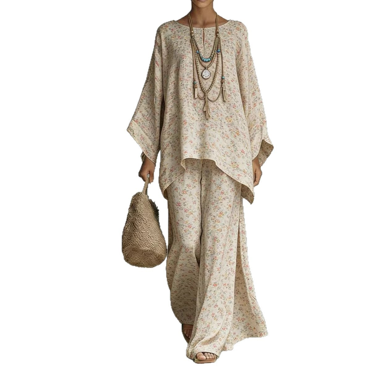 Women's Floral Print Linen Wide-Leg Two-Piece Set