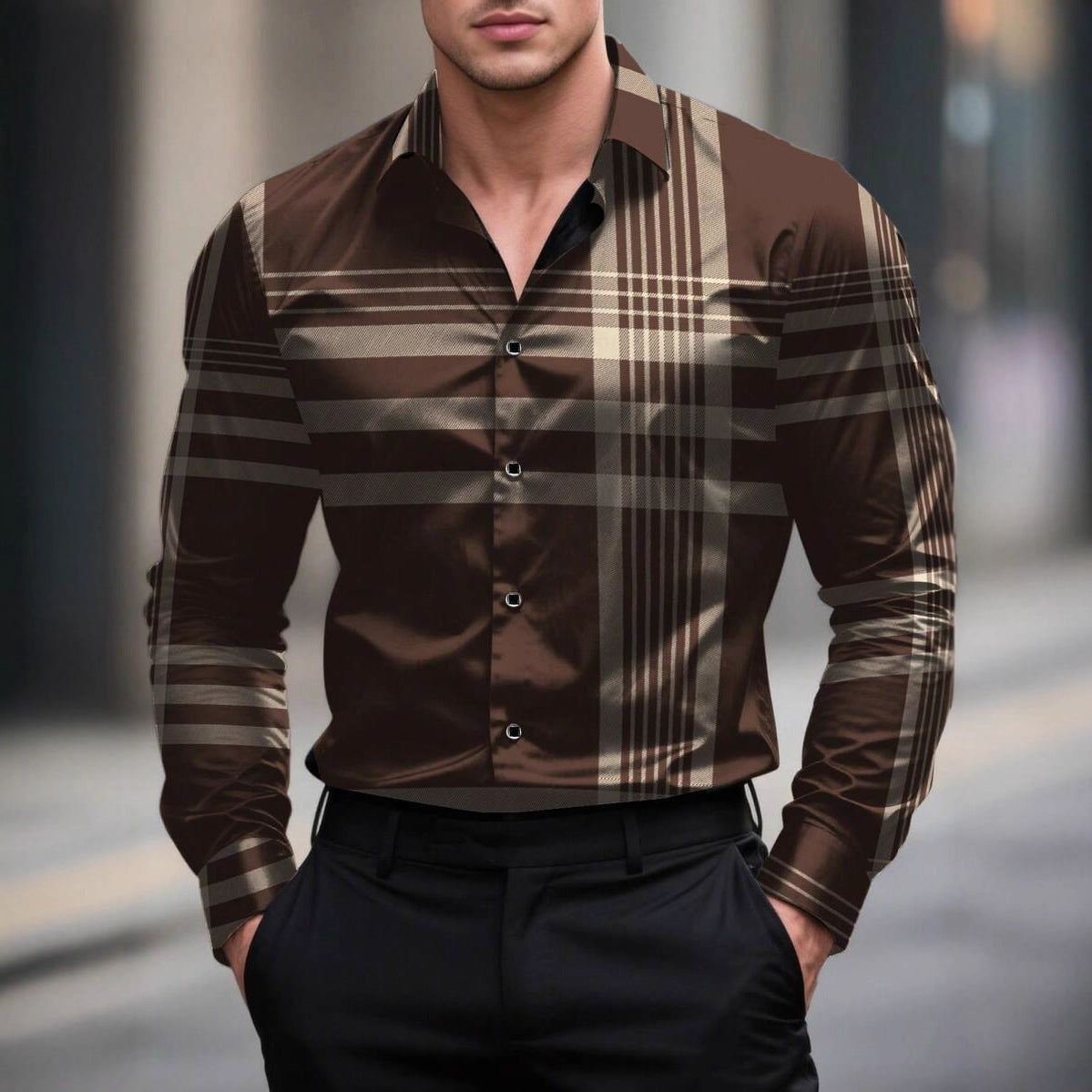 Mens Long-Sleeve Striped Digital-Print Shirt