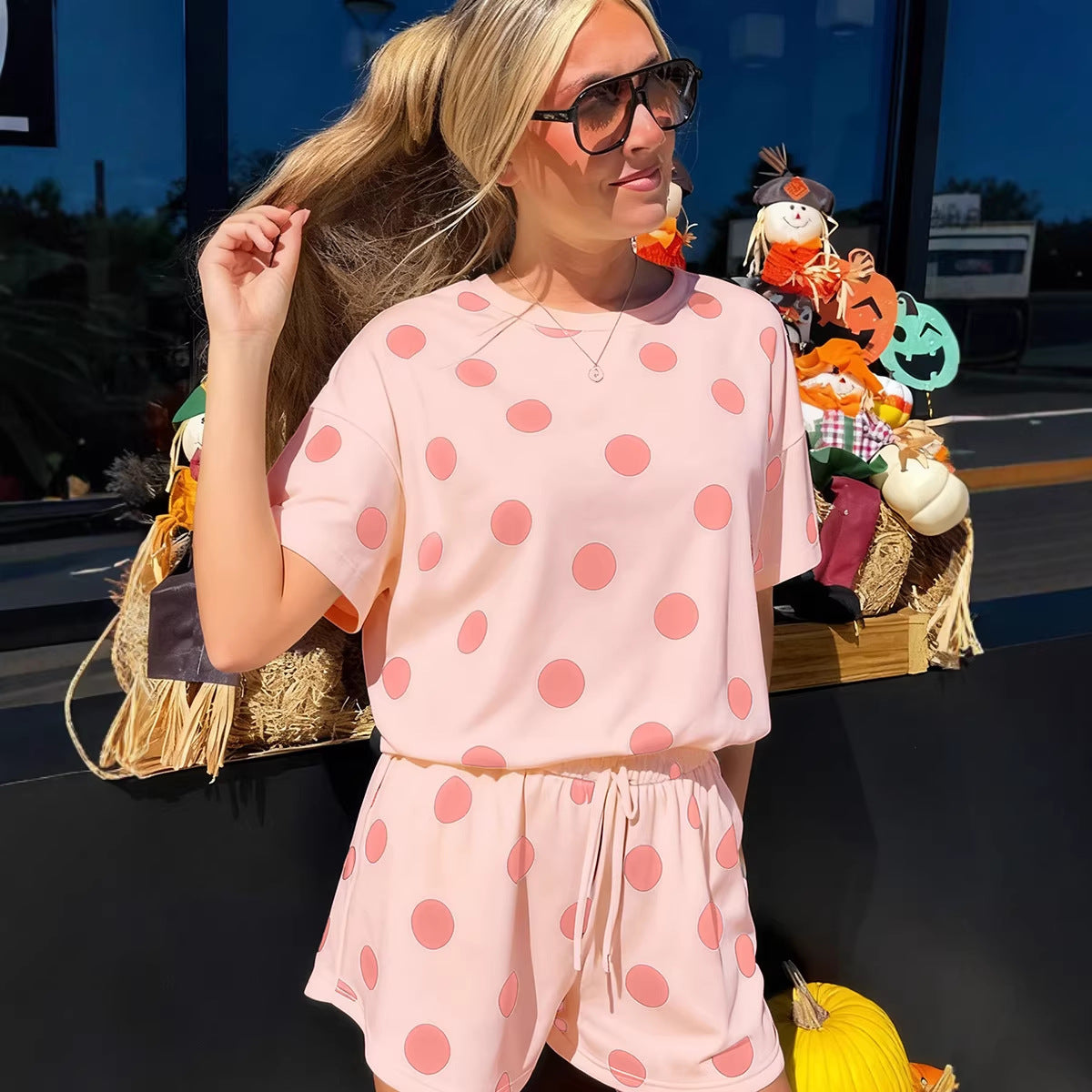 Loose-fitting Short-Sleeve Two-Piece Set For Women Polka-Dot Printed Casual