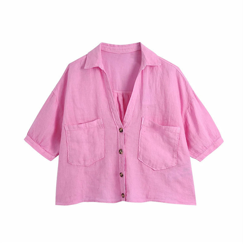 Women's Summer Solid Color Lapel Casual Short Shirt Top