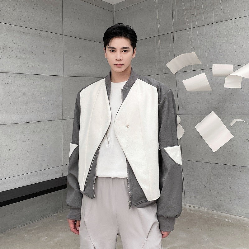 Men's Deconstructed Sense Of Patchwork Leather Jacket Short Tweed Jacket