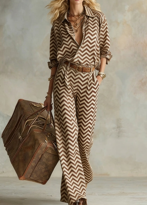 Vertical Striped Collared Loose Long-sleeved Shirt And Wide-leg Pants Suit