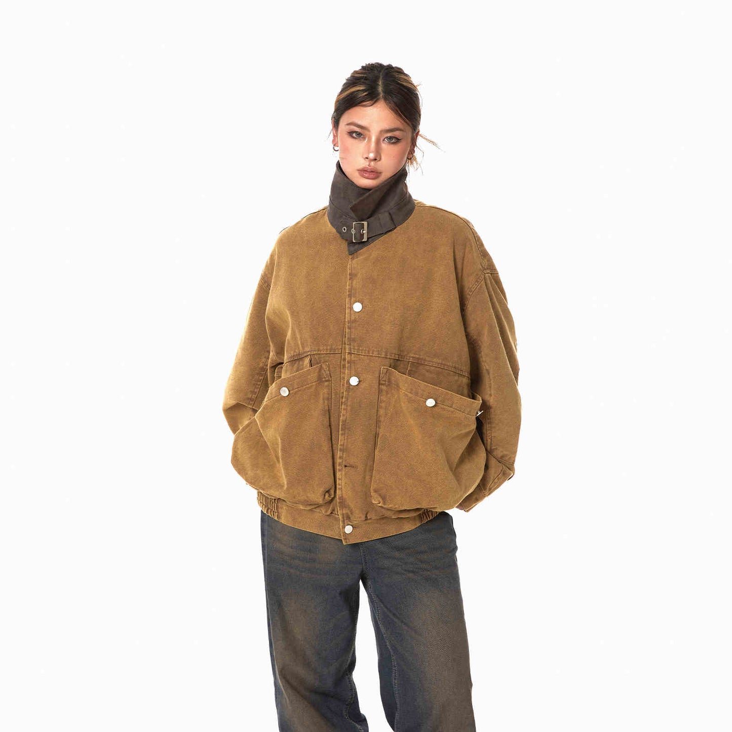 Lapel Tooling Distressed Large Pocket Stitching Jacket Loose Casual Short Coat