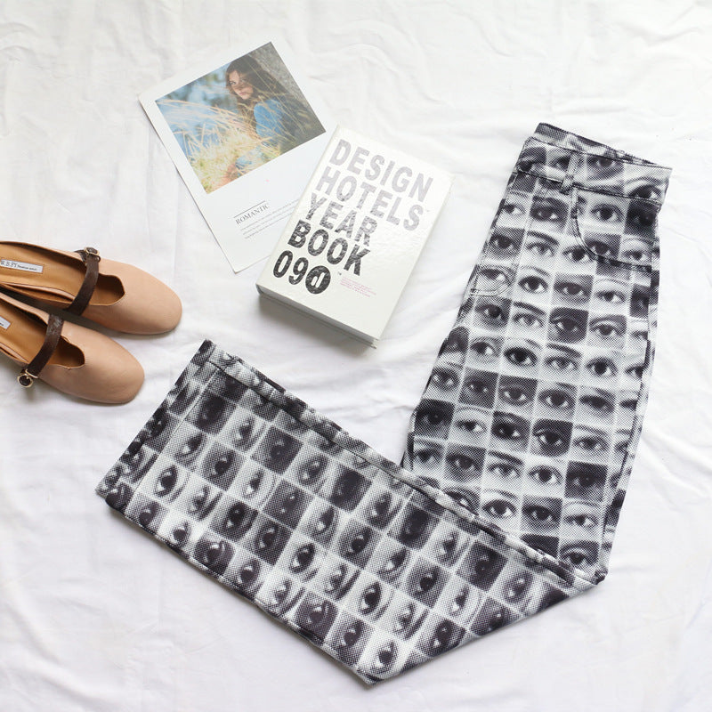 Women's Loose Casual Eye Print High Waist Pants