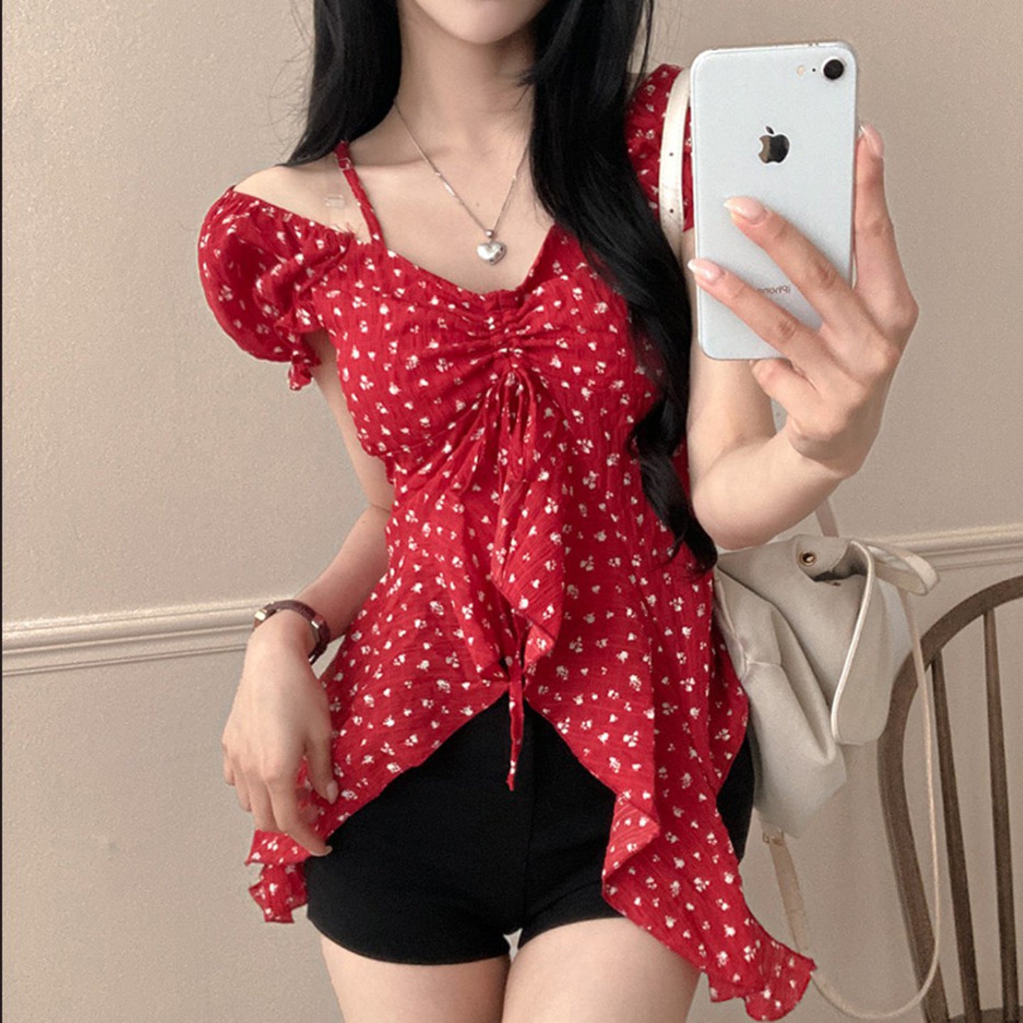 New Womens French-style Floral Asymmetrical Top