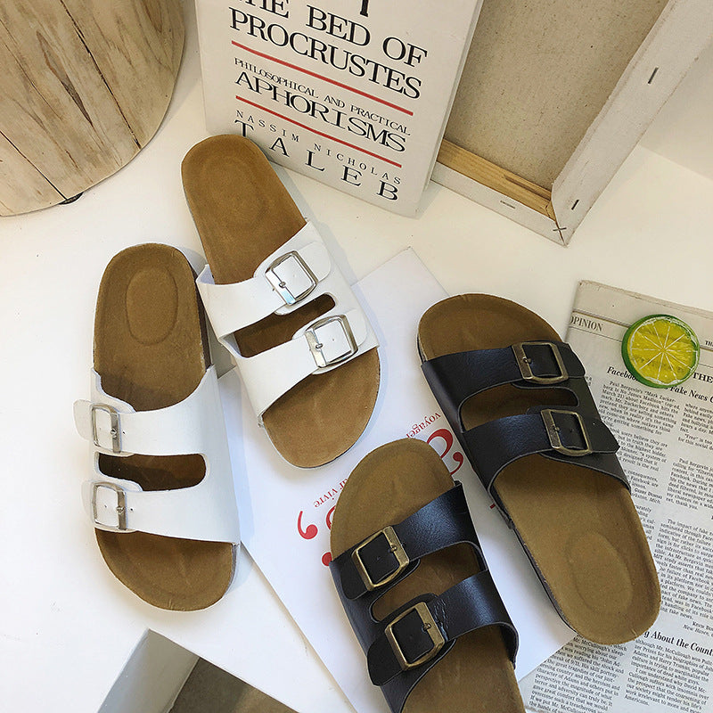 Casual Slippers Two Buckle Flat Cork Drag Sandals Foreign Trade