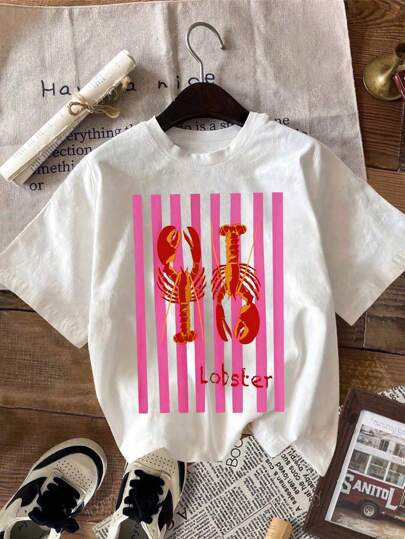 Casual Round Neck Short Sleeves Lobster Print Gra