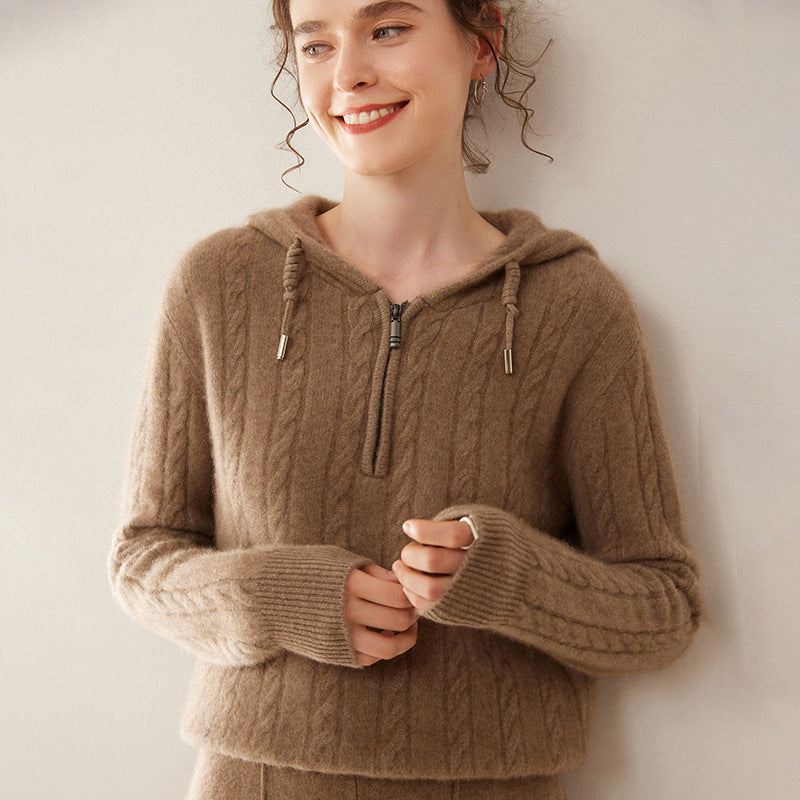Cashmere Sweater Women's Hooded Twist Half-open Collar Sweater