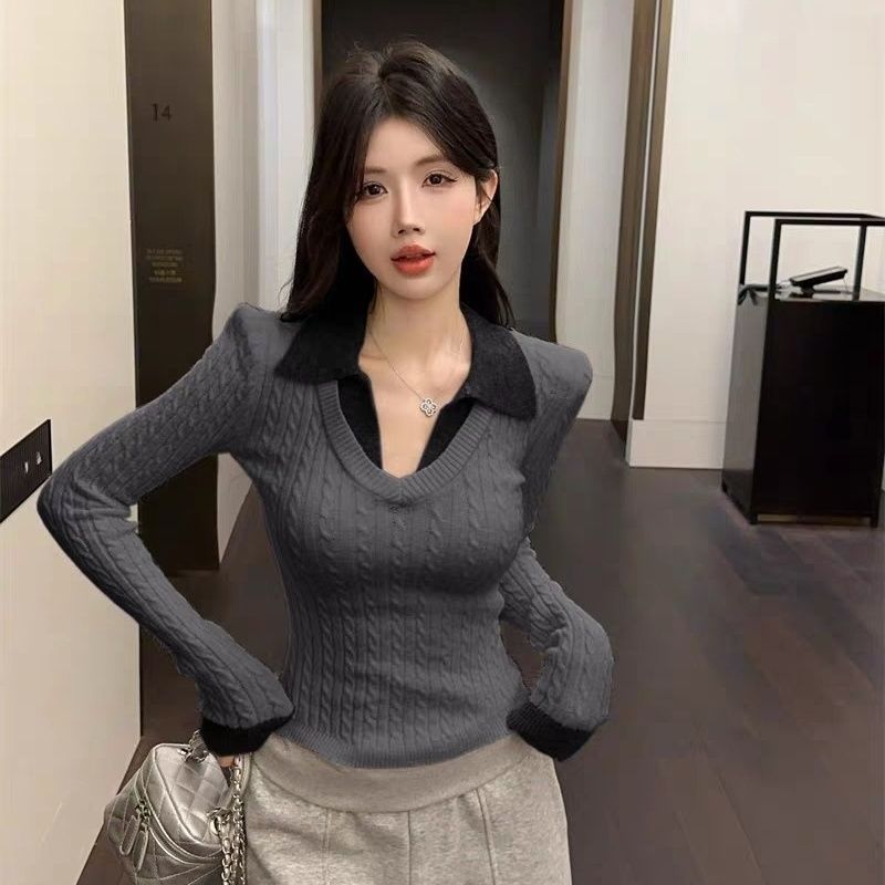 Preppy-style Mock Two-piece Polo-neck Knit Top