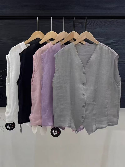 V-neck Sleeveless Solid Color Loose Cardigan Simple Single-breasted Top