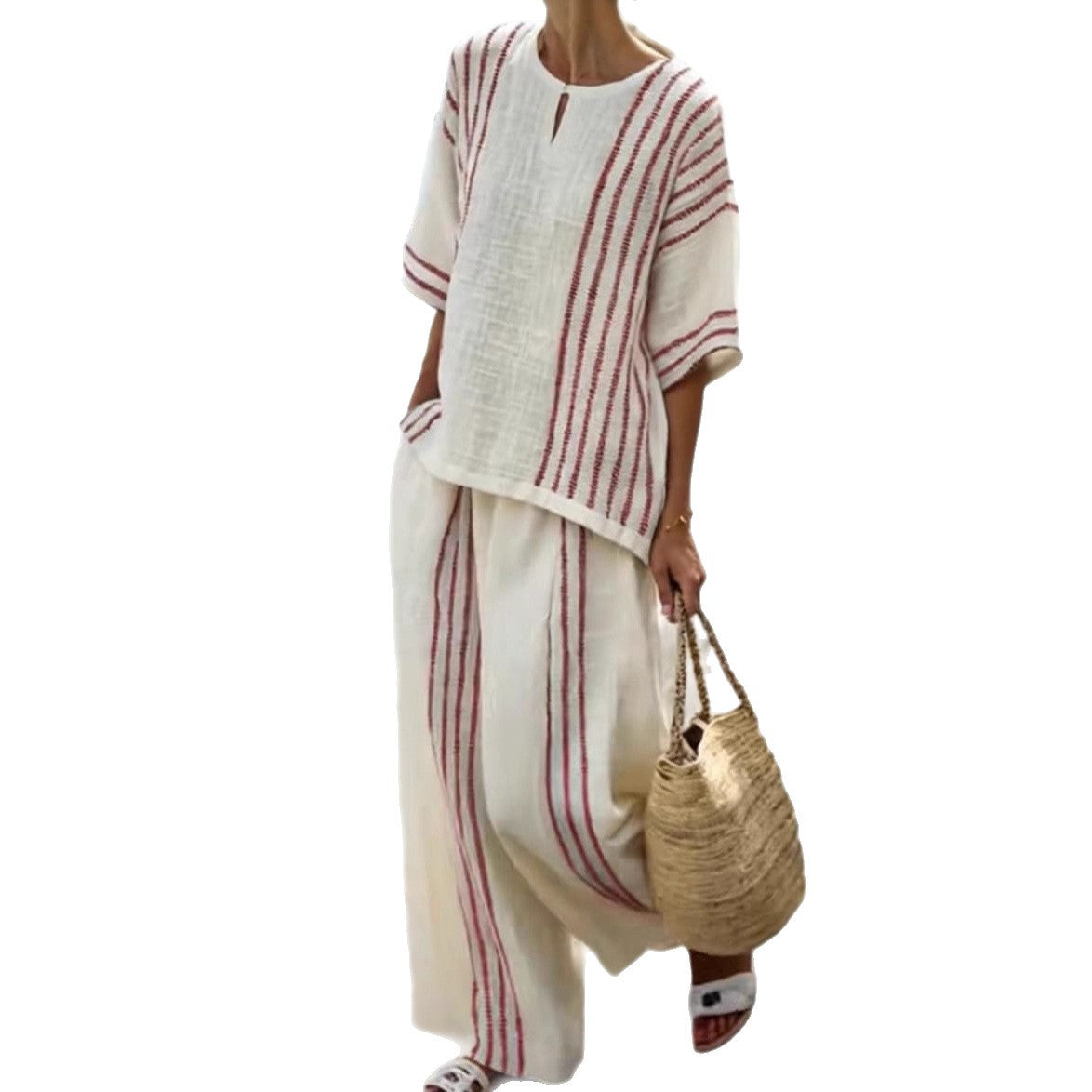 Round Neck Striped Short Sleeve Cotton And Linen Top Casual Pants Women's 2-piece Set