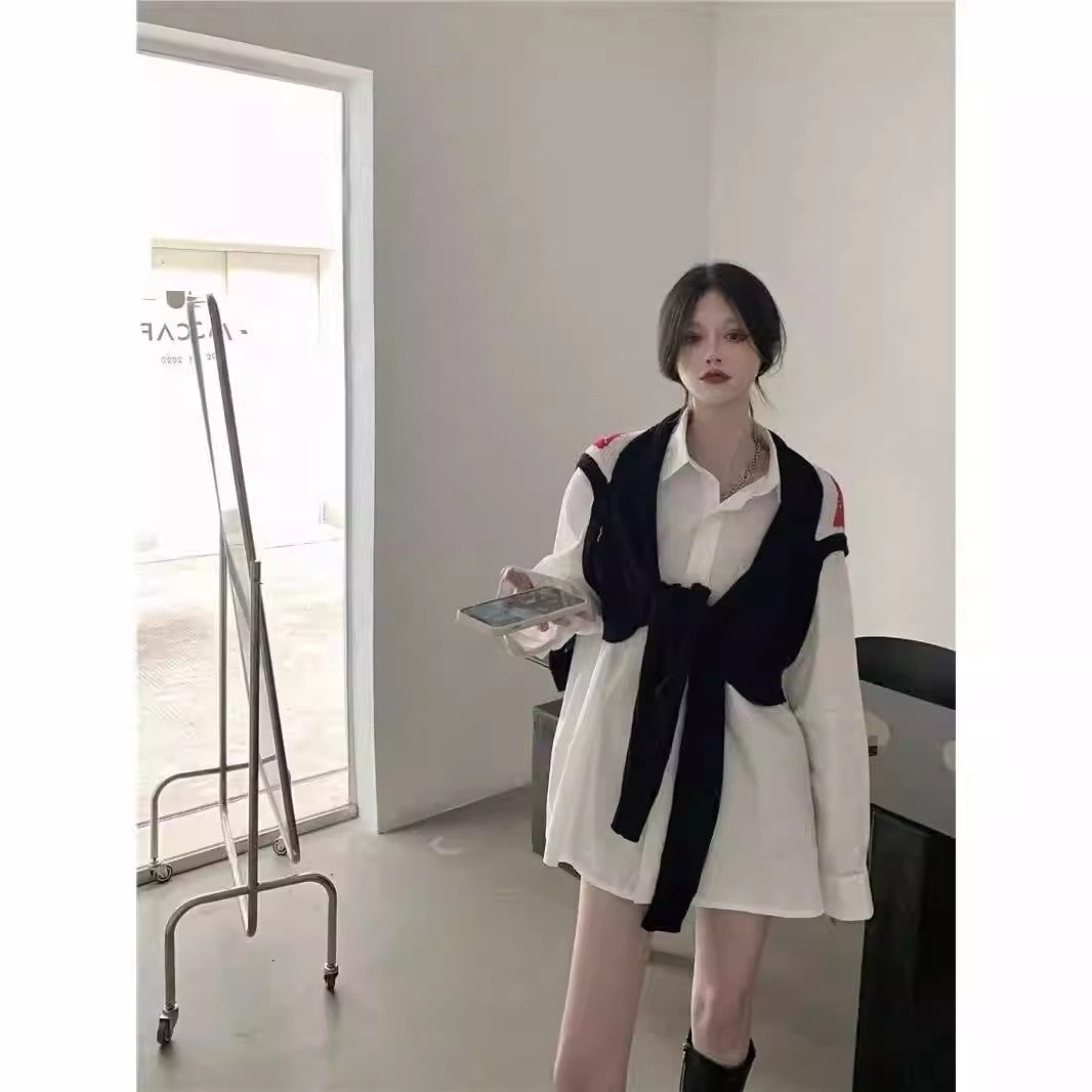 Korean Style Long Sleeve Shirt Cartoon Shawl Sweater Two-piece Vest Set