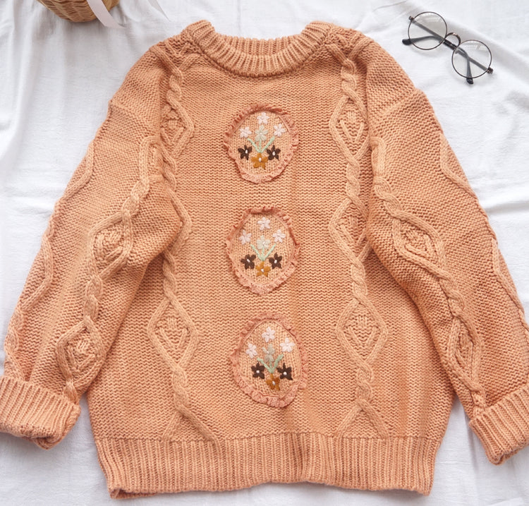 Japanese Vintage Childlike Handmade Small Flower Loose Sweater