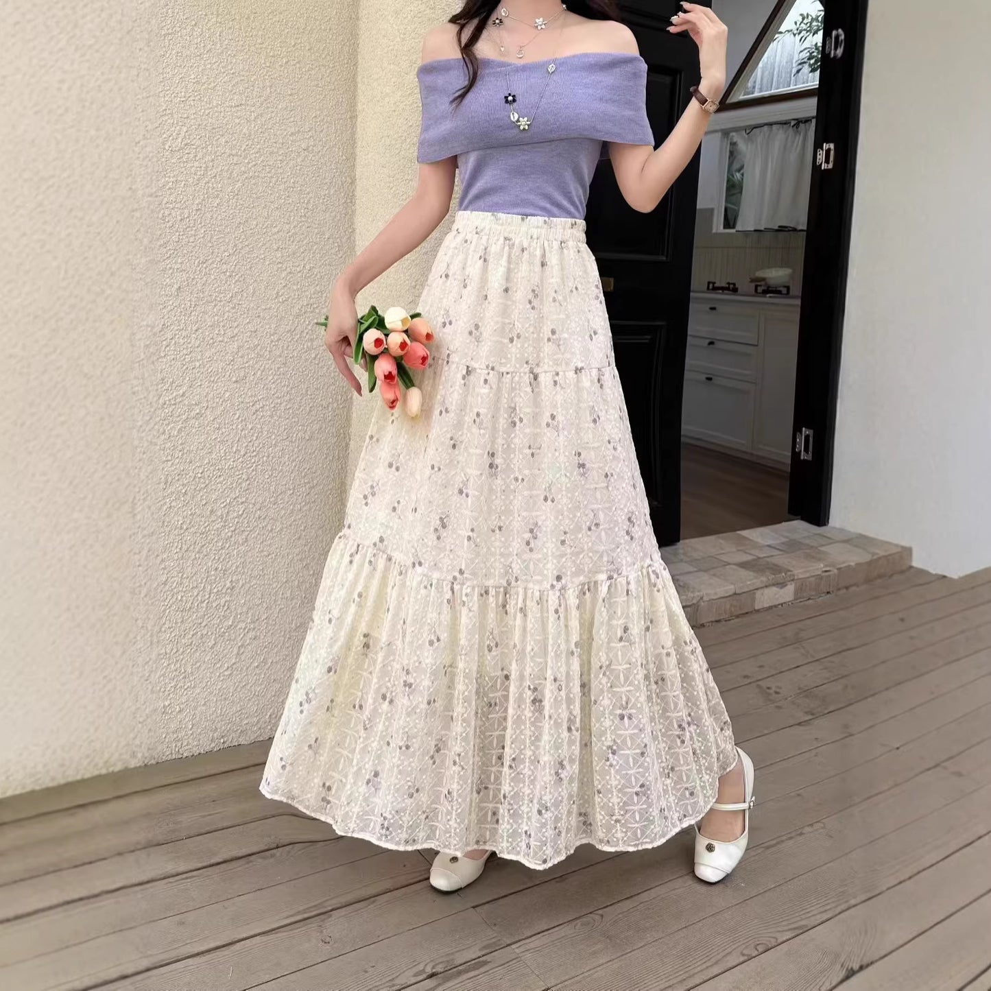 Thin Highwaisted Flattering Floral Midi Skirt For Women