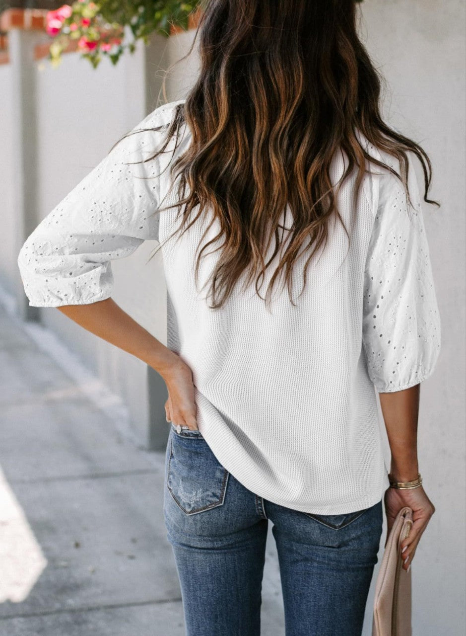 Womens V-neck Hooded Three-Quarter Sleeve Tassel Shirt