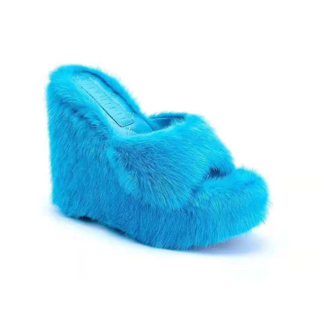 Mink Fur Slippers Platform Wedge Heel Fashion Outdoor Women's Shoes