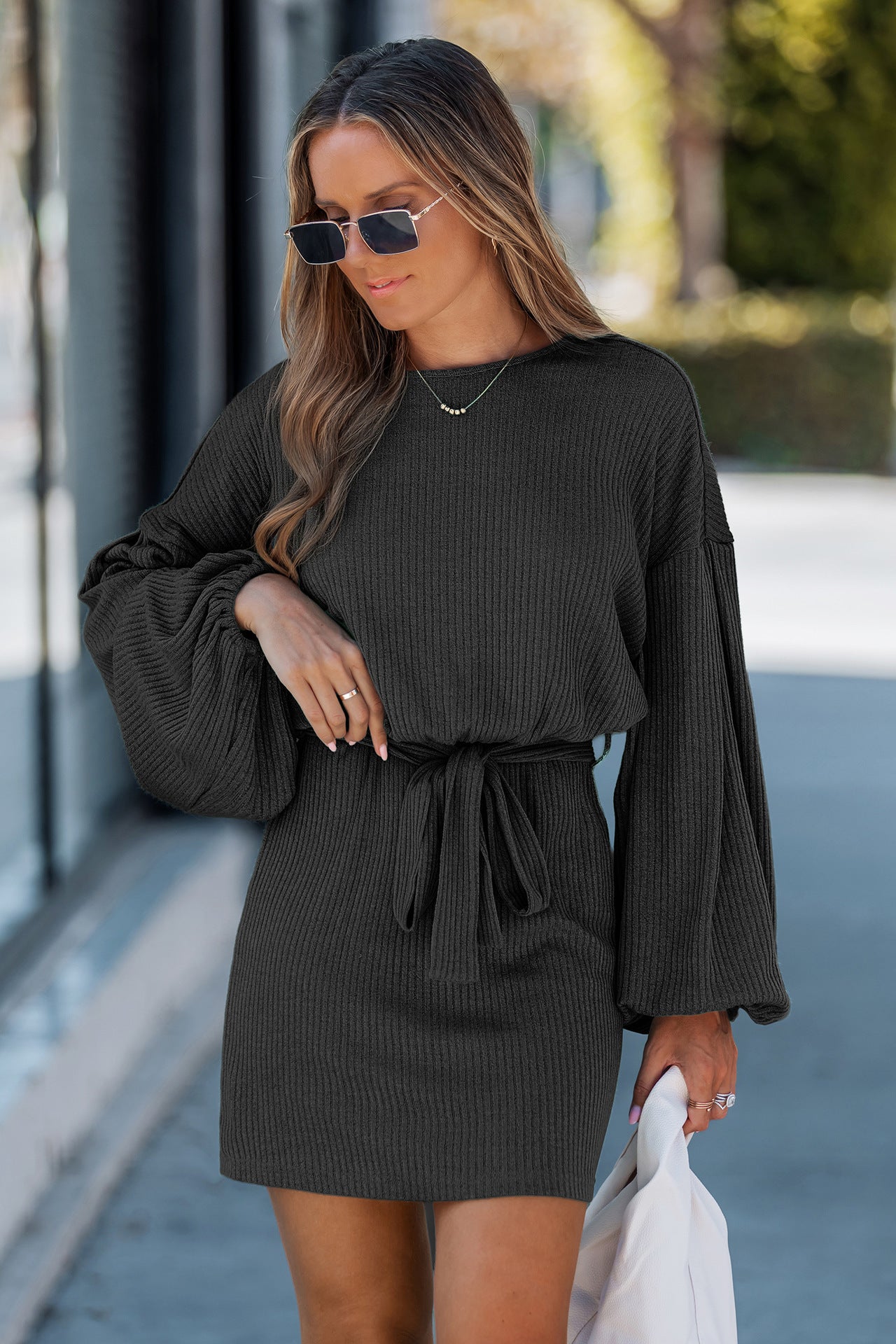 Arrival Decorative Long-Sleeve Rib-Knit Dress With Belt