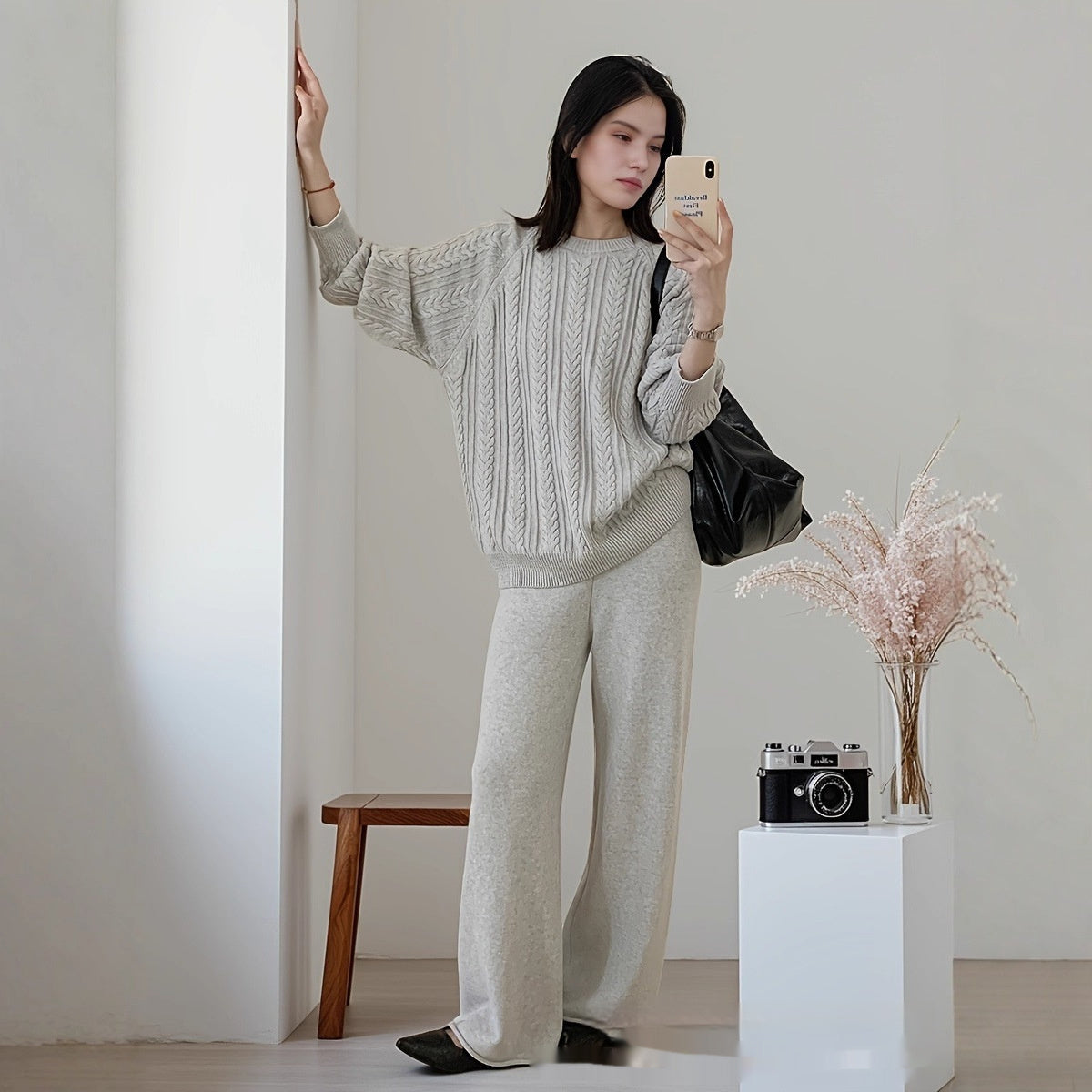 Round Neck Knitted Long Sleeve Vertical Stripe Twist Loose All-matching Top Soft Trousers
