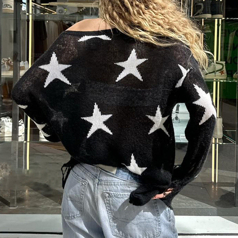 European And American Style Street Hot Girl Ripped Five-pointed Star Sweater