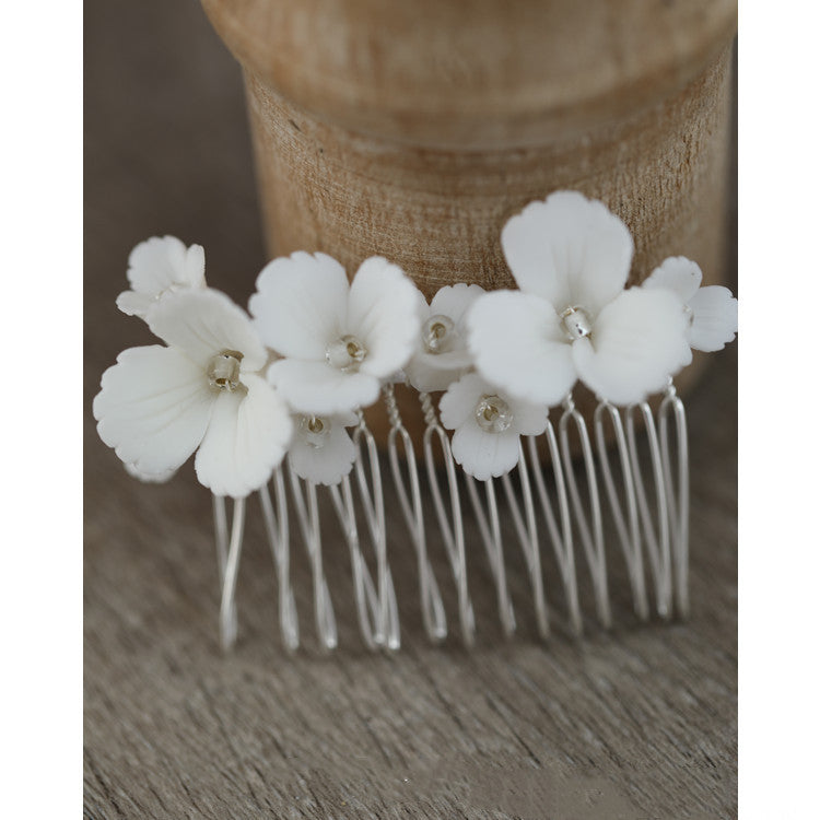 Hair Comb Ceramic White Flowers