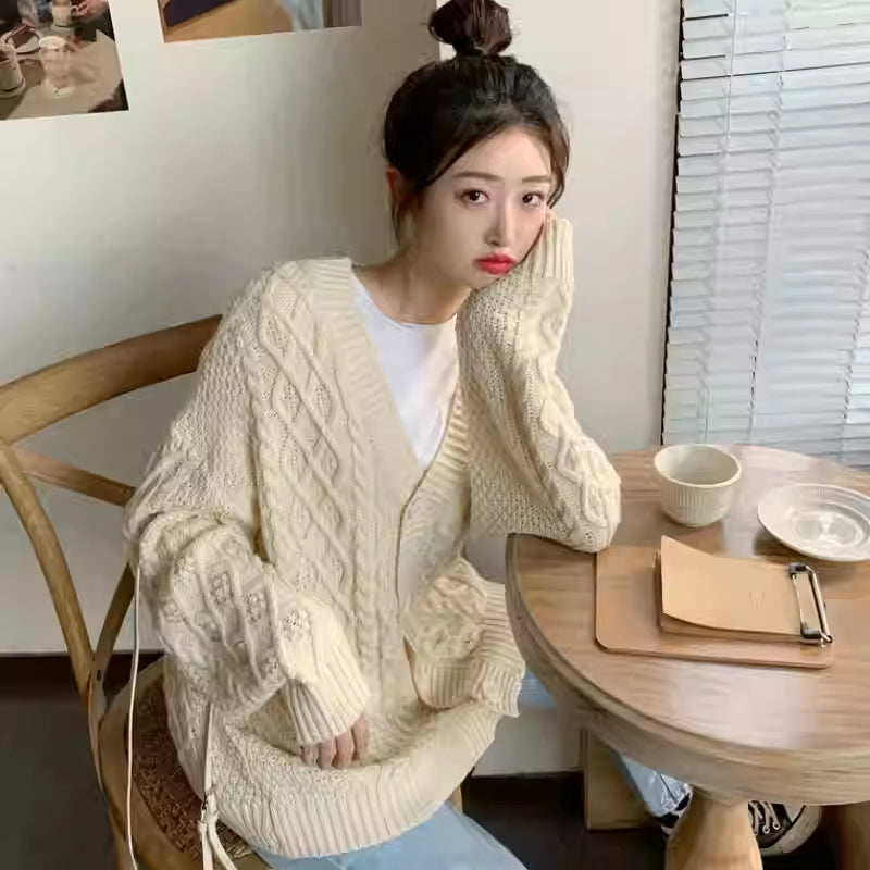 Women's Loose V-neck Cardigan Fried Dough Twists Sweater