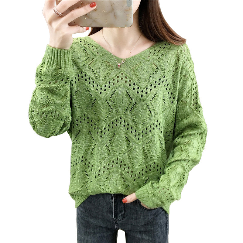 V-neck Loose Hollow-out Pullover Knitwear Batwing Sleeve Thin Sweater