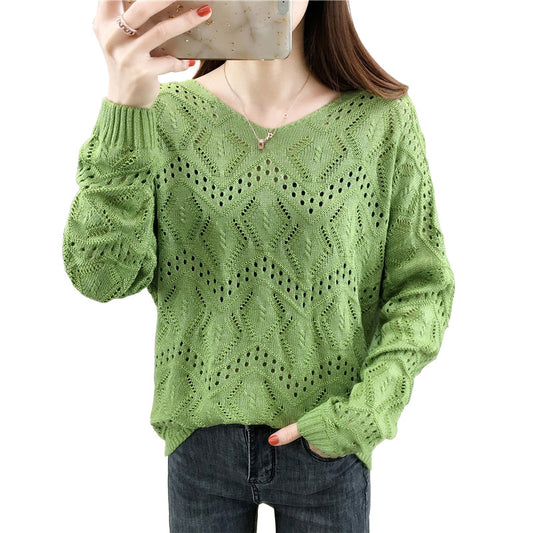 V-neck Loose Hollow-out Pullover Knitwear Batwing Sleeve Thin Sweater