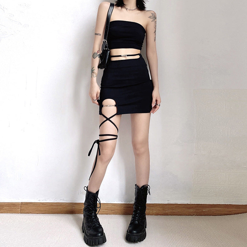 Summer New Women's Solid Color Slim High Waist Hip Strap Skirt