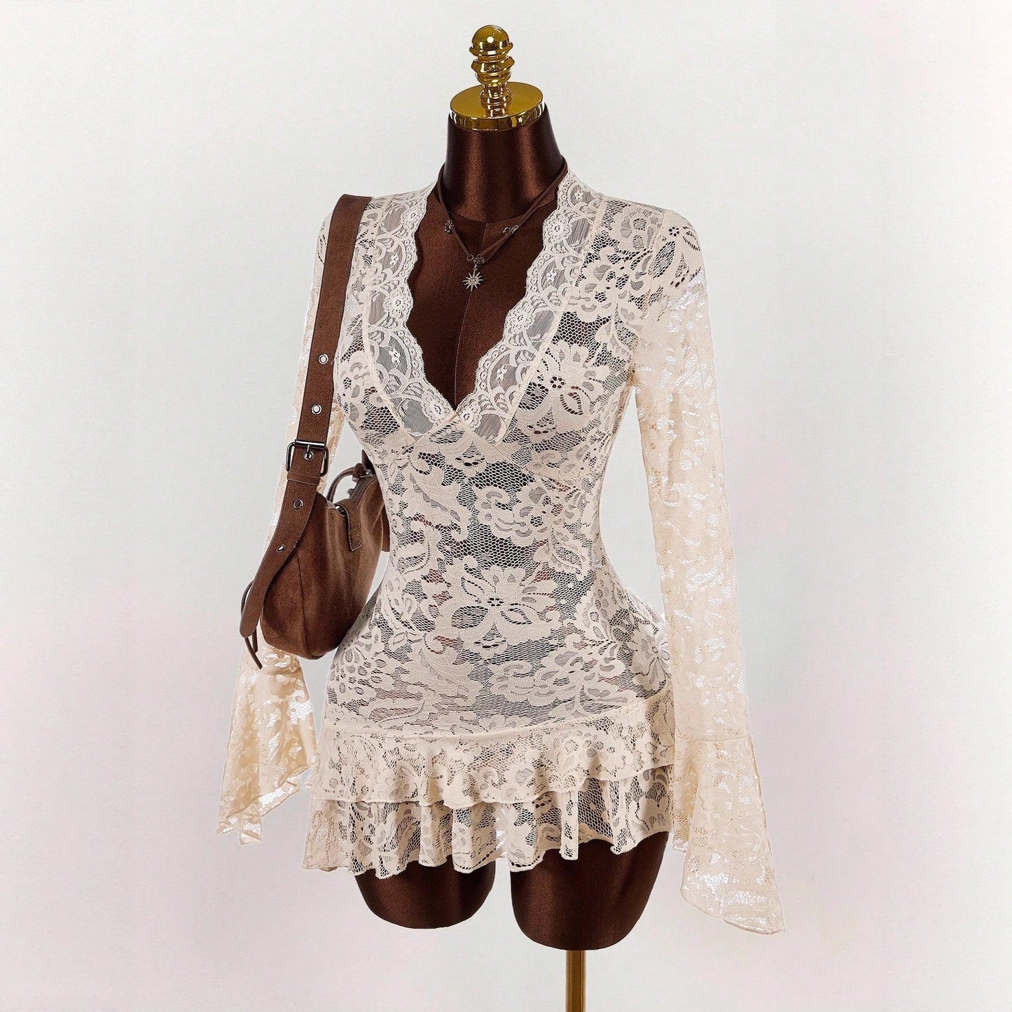 Retro Chic Cutout Lace VNeck DefinedWaist Mini Dress