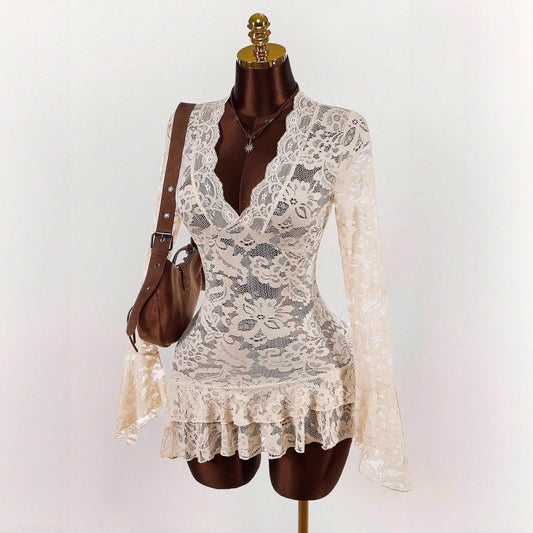 Retro Chic Cutout Lace VNeck DefinedWaist Mini Dress