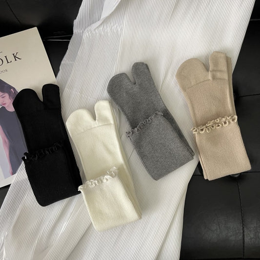 Split Toe Wooden Ear Double Needle Thin Sprout Solid Color Mid-calf Length Socks Bunching Socks Artistic Women's Socks