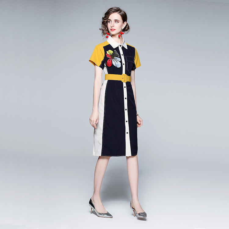 Printed Embroidery Lapel Short Sleeved Shirt Dress
