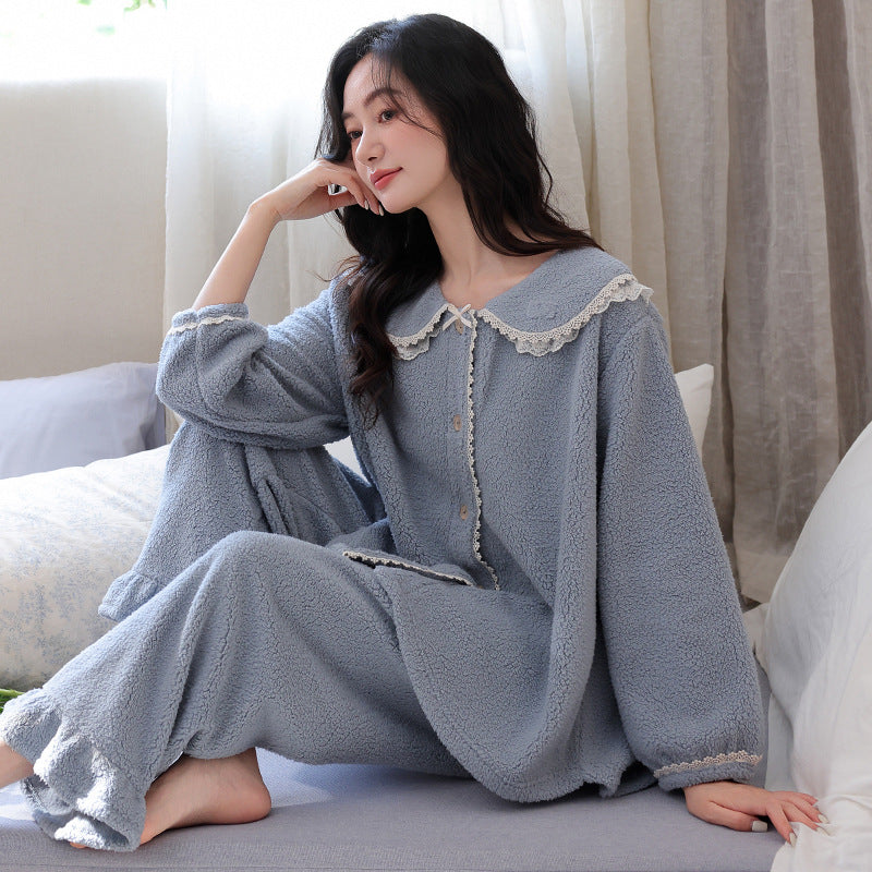 Womens Flannel Pajama Set With Thick Fleece Lining