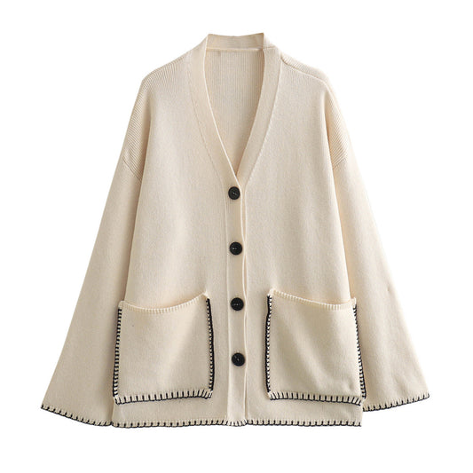Fashion Comfort And Casual Contrast Color String Decoration Knitted Cardigan Sweater