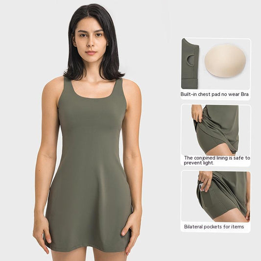 Yoga Clothes With Chest Pad High Elastic Comfortable Fake Two-piece Anti-exposure Tennis Skirt Women