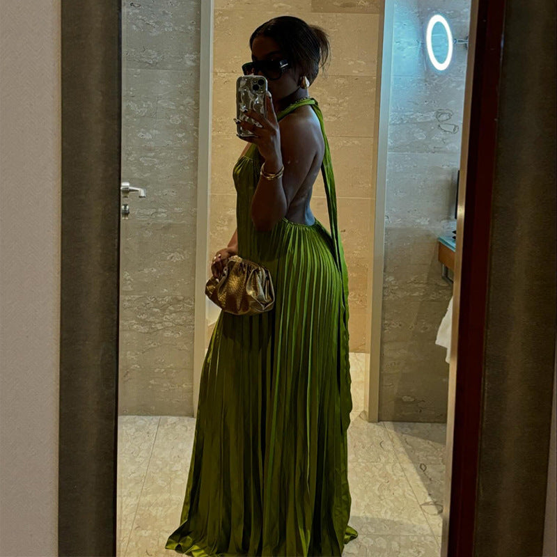 Sweet And Fresh Halter V-neck Backless Pleated Dress