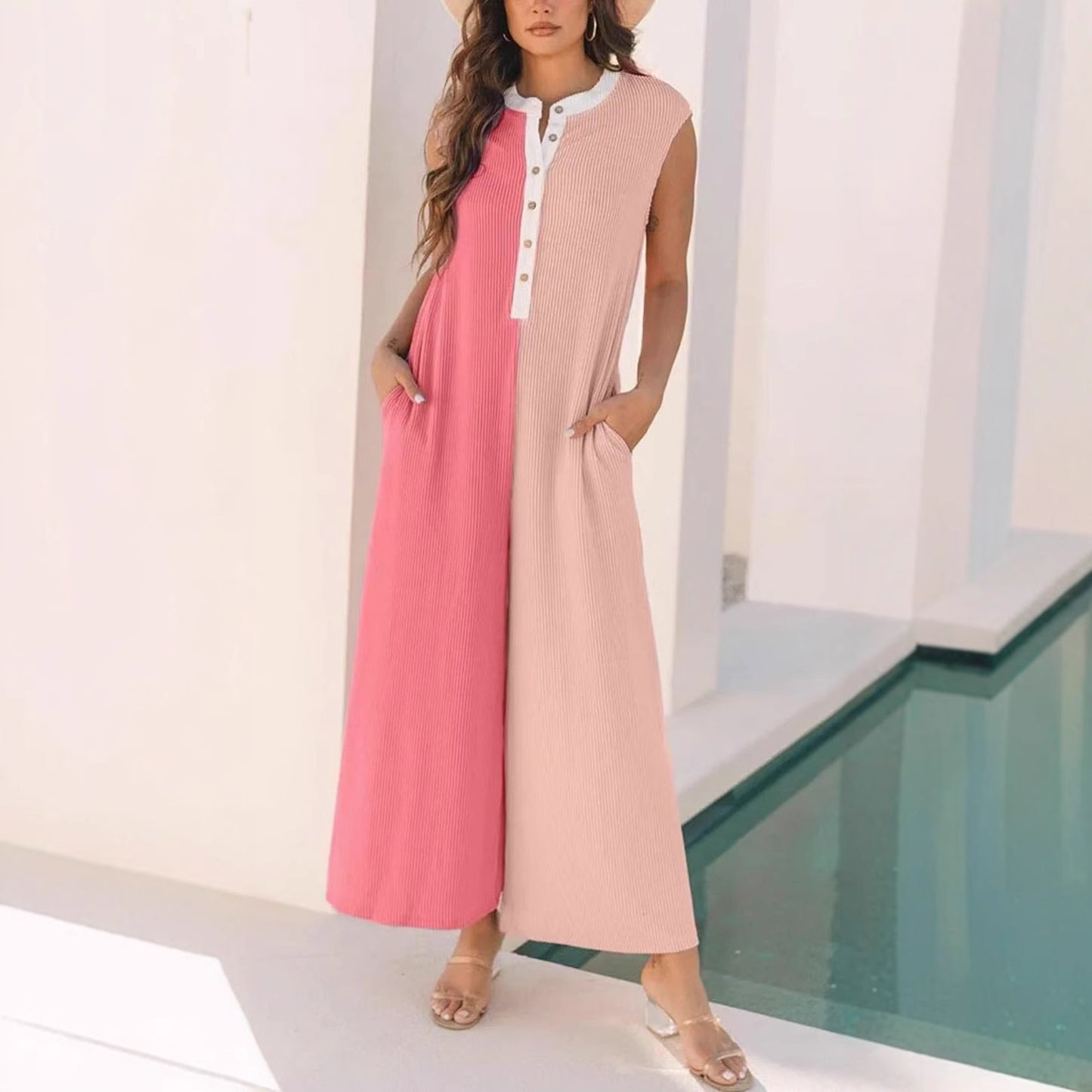European And American Leisure Loose Color Matching Sleeveless One-piece Trousers