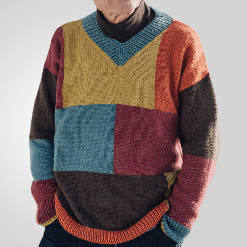 Herre strik V-hals, farveblok, langærmet pullover