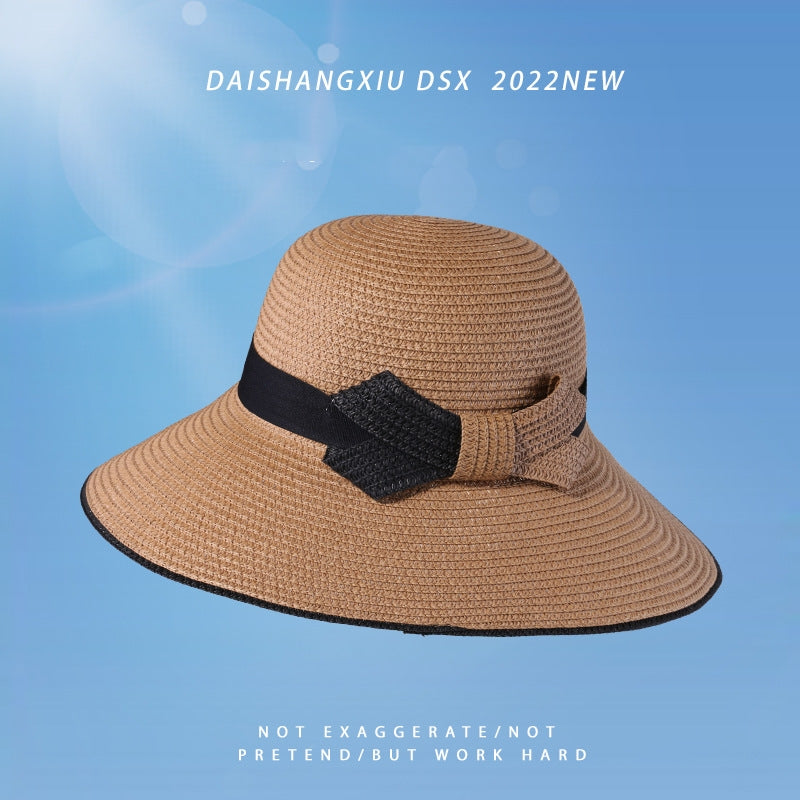 Spring And Summer Big Brim Straw Hat Fashion All-match Two-color Bow Breathable