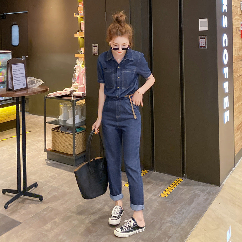 Sommer Ny Kortærmet Jumpsuit Overall Jeans Tøj Dame Jumpsuit