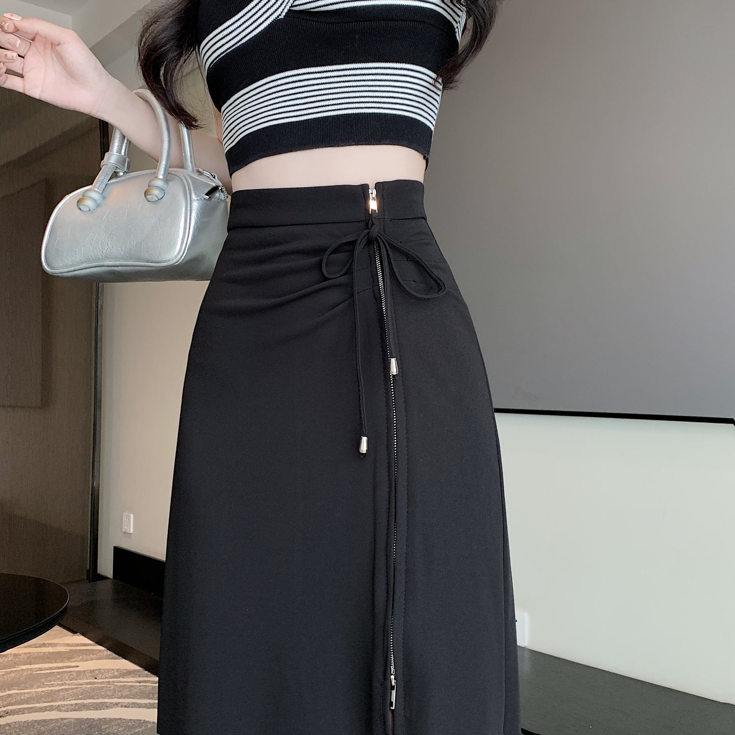 Irregular Slit Pleated Mid-length High Waist Sheath A- Line Skirt