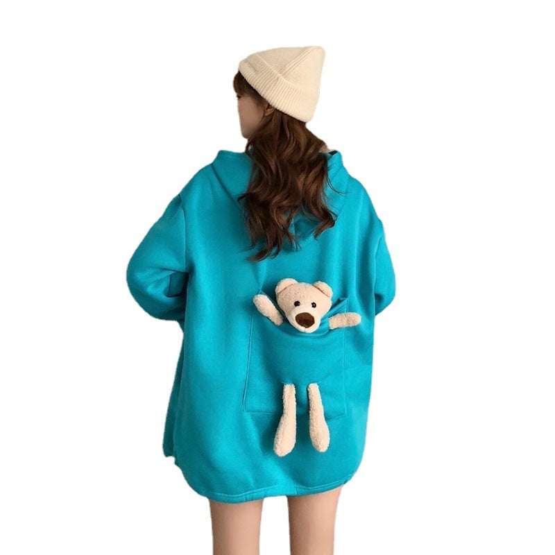 Fleece-lined Thick Loose Mid-length Bear Long-sleeved Sweater