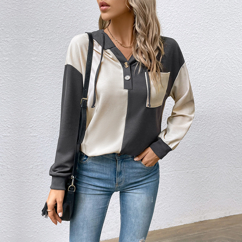 Dame sweatshirt med hætte i kontrastfarver, forår og efterår