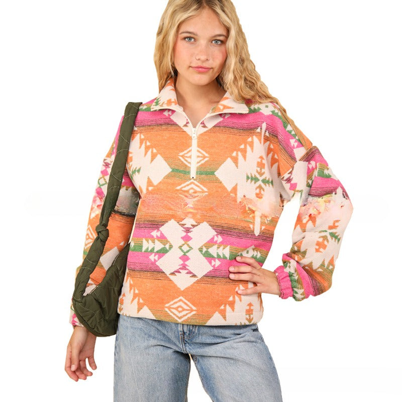 Retro Floral Casual Woolen Pullover Sweater